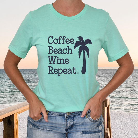 Coffee Beach Wine lover T-shirt, Unisex Jersey Short Sleeve Tee, coffee beach wine repeat