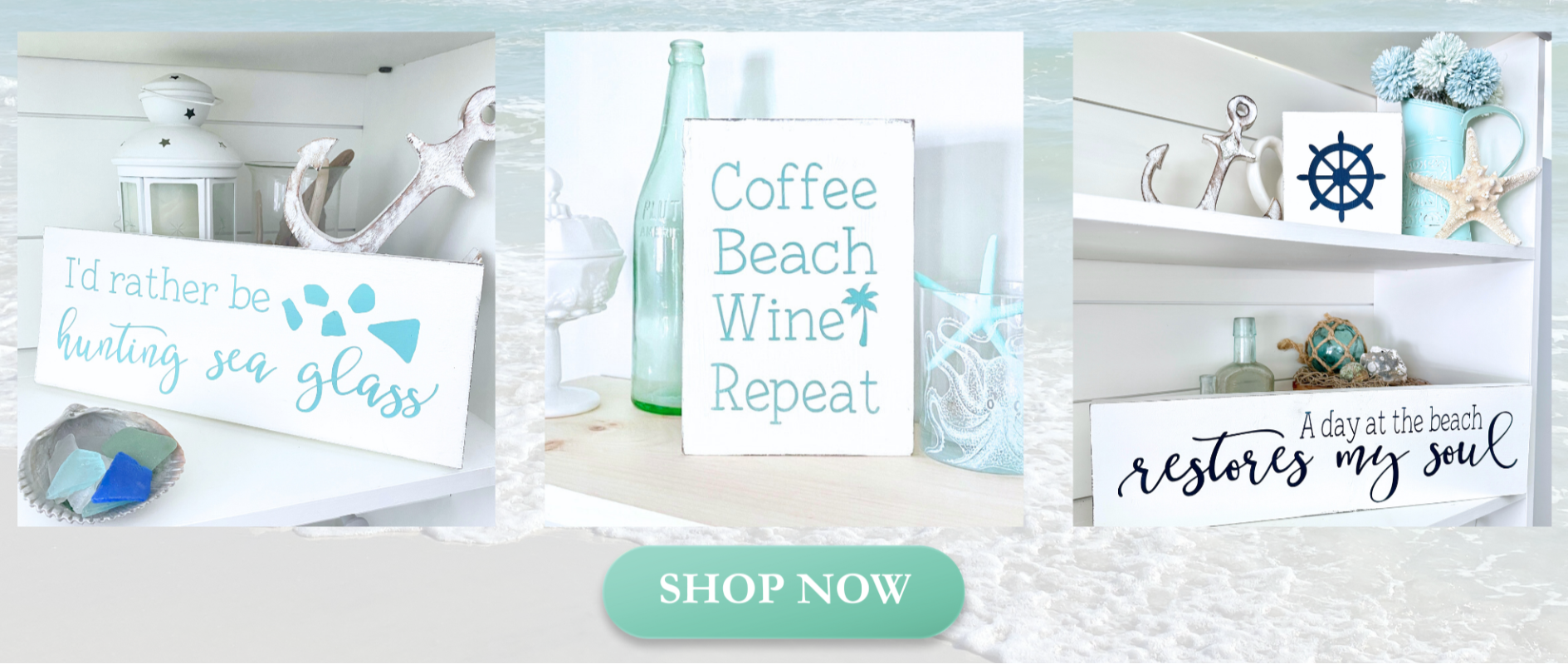 Decorative signs with beach-themed quotes on a white background
