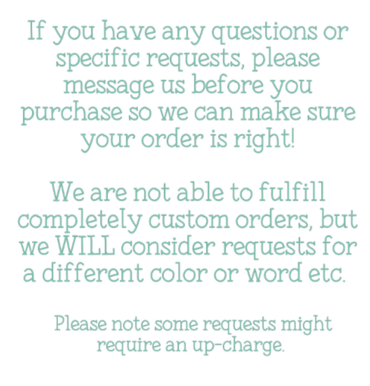 Graphic explaining to contact the shop for any questions about the product or custom questions.