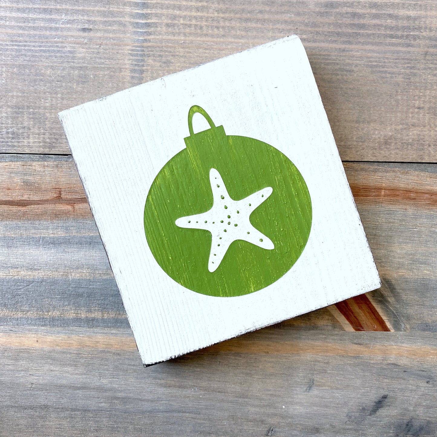 Coastal Christmas Decor, Anchored Soul Designs Starfish Ornament wood sign white background with green design, beach house holiday decor coastal design