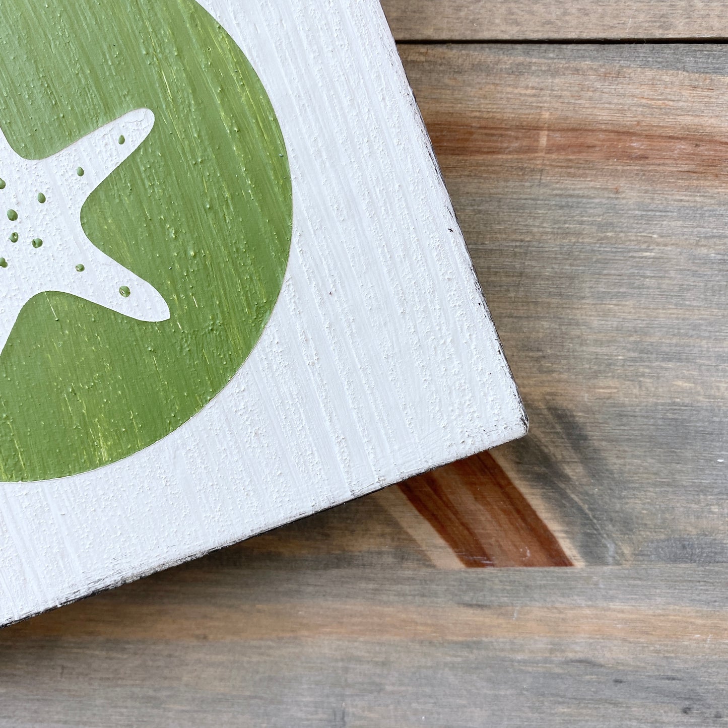 Coastal Christmas Decor, Anchored Soul Designs Starfish Ornament wood sign white background with green design, beach house holiday decor coastal design