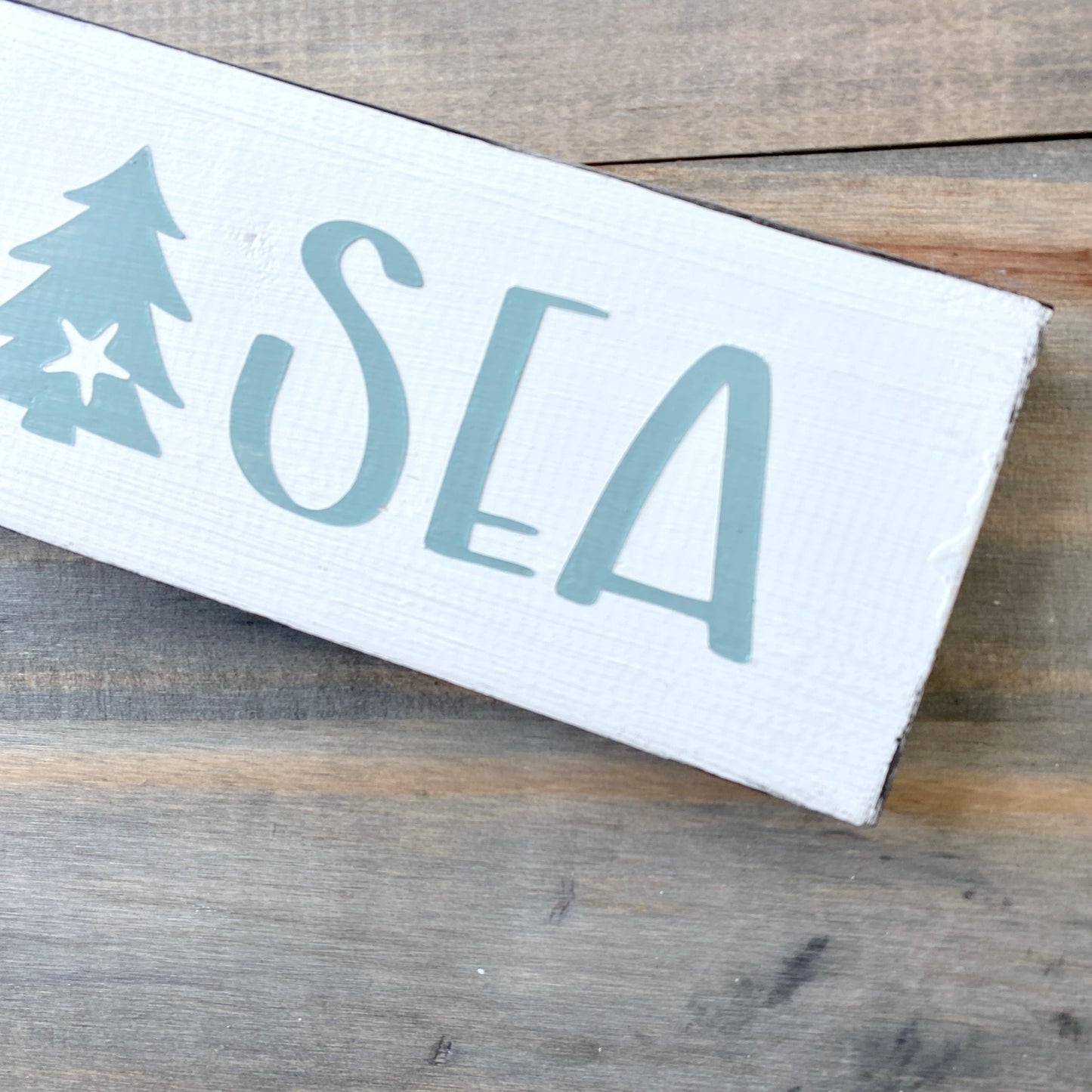 Coastal Christmas Decor, Anchored Soul Designs Sea Christmas wood sign with small tree and starfish white background with sage green design, beach house holiday decor coastal design