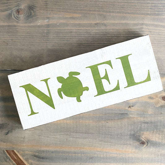 Coastal Christmas Decor, Anchored Soul Designs Noel Sea Turtlee Christmas wood sign white background with green design, beach house holiday decor coastal design
