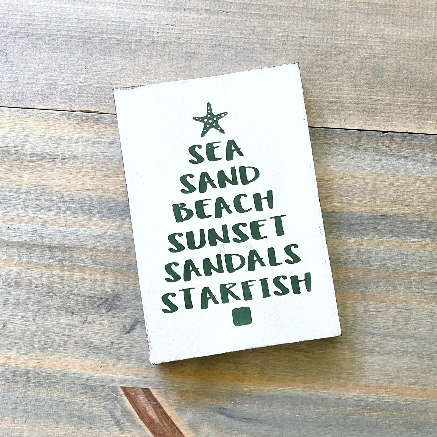 Coastal Christmas Decor, Anchored Soul Designs Beachy Words Christmas Tree wood sign white background with dark green design, beach house holiday decor coastal design