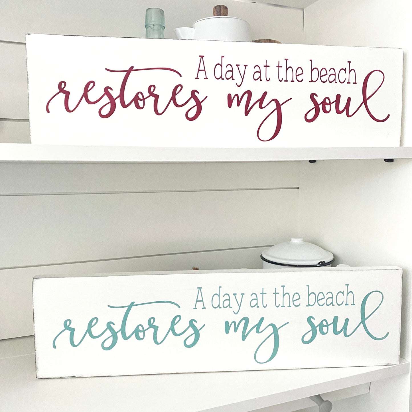 A Day At The Beach Restores My Soul Sign Coastal home decor and inspiration for the beach lover, gifts from Anchoredsouldesigns