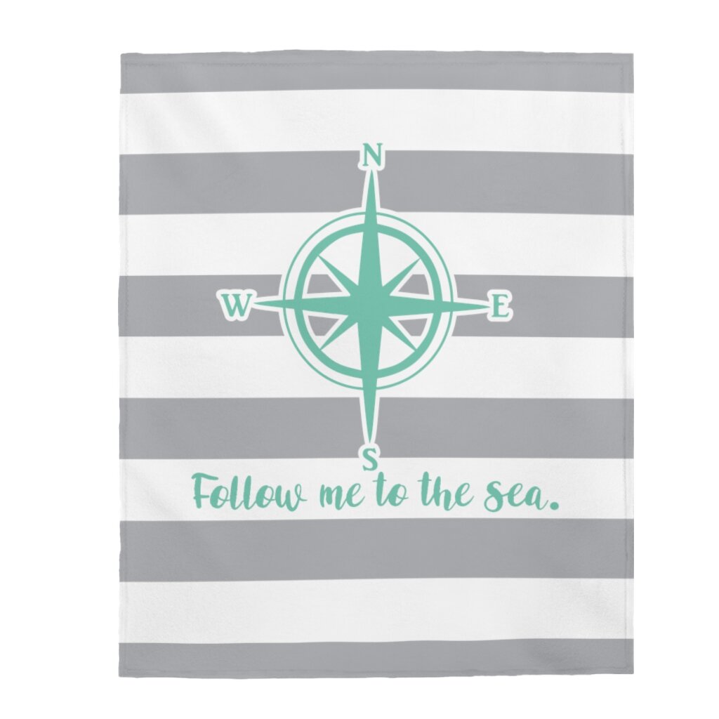 Beachy Compass Follow me to the sea Velveteen Plush Blanket, Coastal Home Decor, Beach blanket, Nautical Blanket