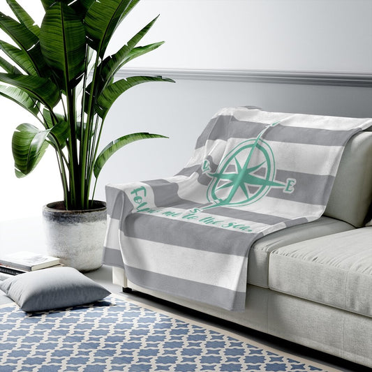 Beachy Compass Follow me to the sea Velveteen Plush Blanket, Coastal Home Decor, Beach blanket, Nautical Blanket