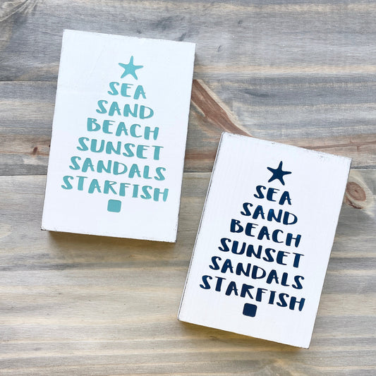 Coastal Christmas Decor, Anchored Soul Designs Beachy Words Christmas Tree wood sign white background with aqua and navy design, beach house holiday decor coastal design