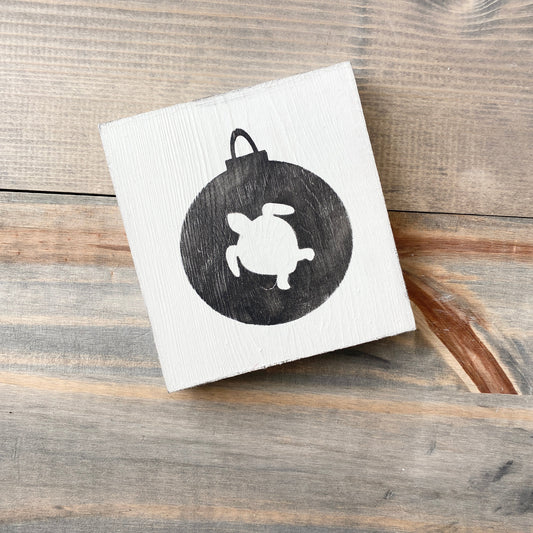 Coastal Christmas Decor, Anchored Soul Designs Sea Turtle Ornament wood sign white background with black design, beach house holiday decor coastal design