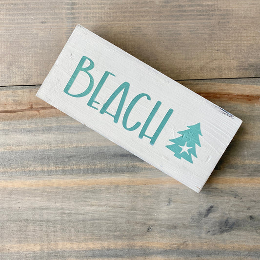 Coastal Christmas Decor, Anchored Soul Designs Beach Christmas wood sign with small tree and starfish white background with aqua design, beach house holiday decor coastal design