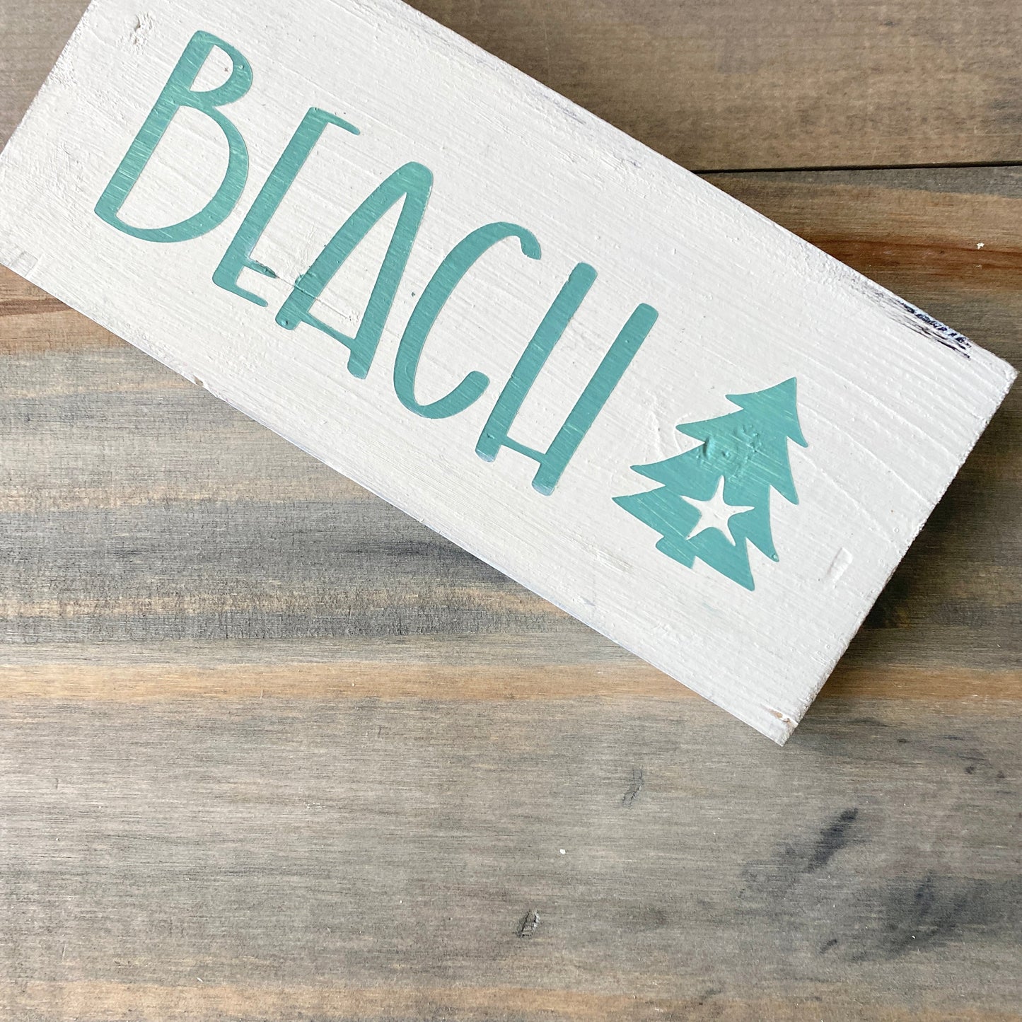 Coastal Christmas Decor, Anchored Soul Designs Beach Christmas wood sign with small tree and starfish white background with aqua design, beach house holiday decor coastal design