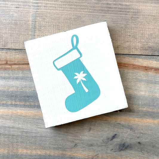 Coastal Christmas Decor, Anchored Soul Designs Palm Tree stocking wood sign white background with aqua design, beach house holiday decor coastal design