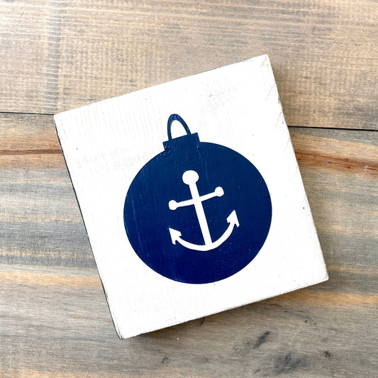 Coastal Christmas Decor, Anchored Soul Designs Anchor Ornament wood sign white background with navy design, beach house holiday decor coastal design