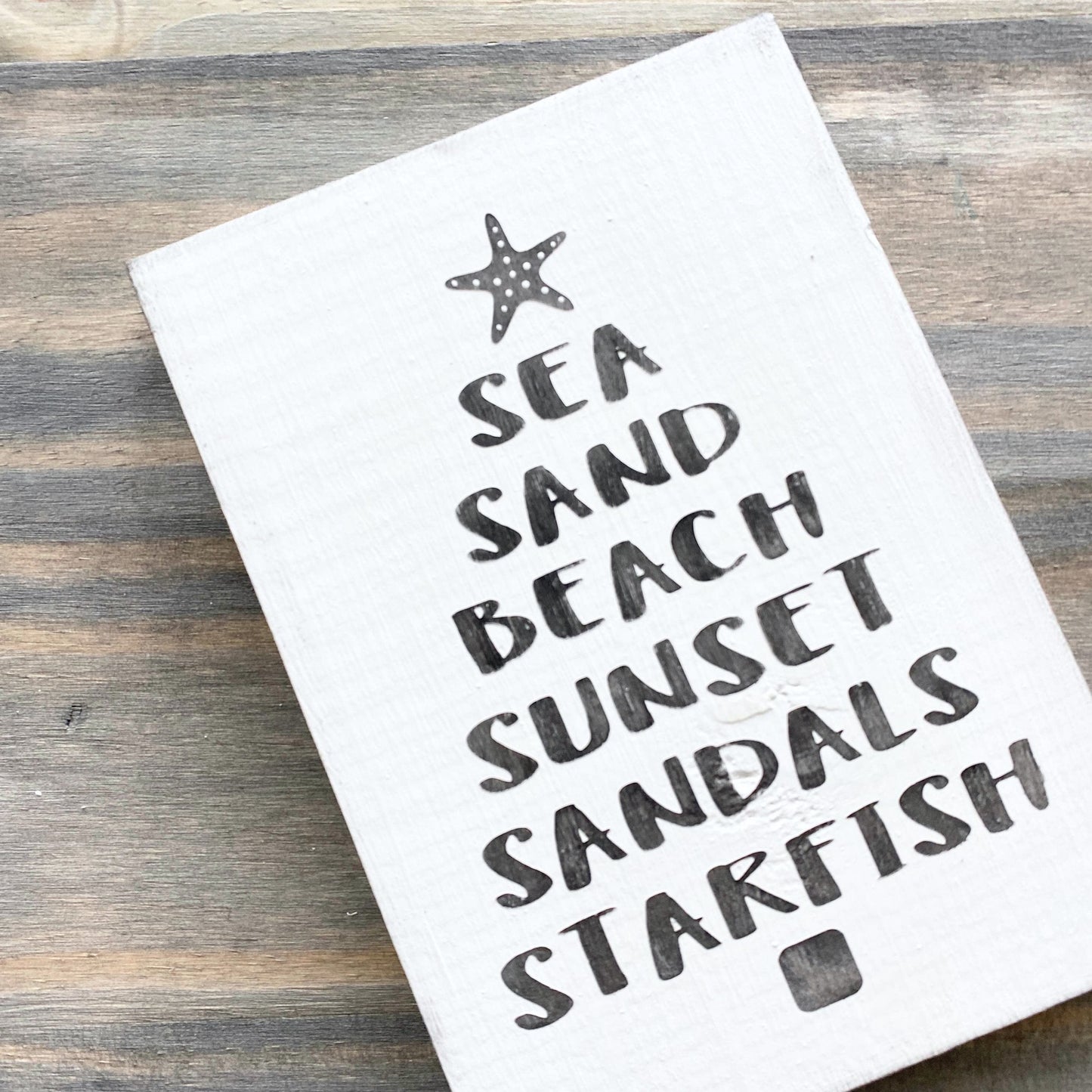 Coastal Christmas Decor, Anchored Soul Designs Beachy Words Christmas Tree wood sign white background with black design, beach house holiday decor coastal design