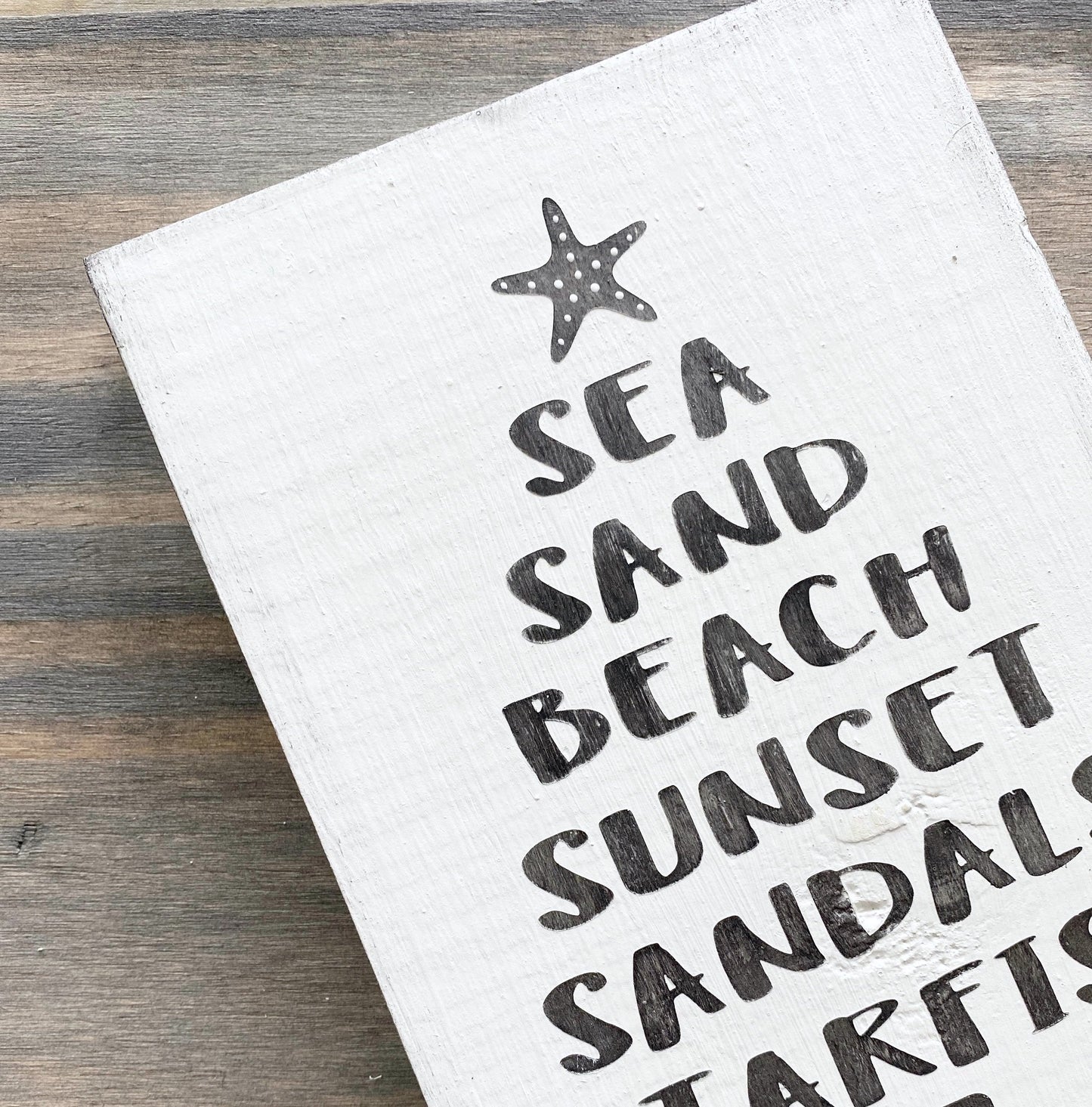 Coastal Christmas Decor, Anchored Soul Designs Beachy Words Christmas Tree wood sign white background with black design, beach house holiday decor coastal design
