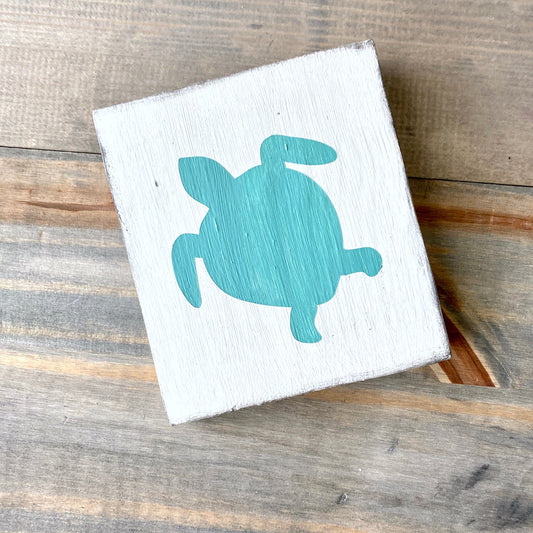 Sea Turtle sign in aqua on real wood, beach house home decor