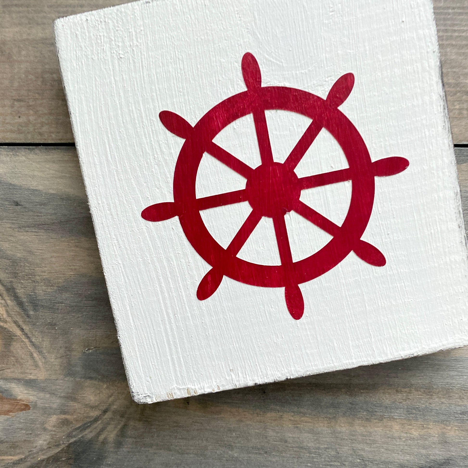 Ship wheel beach sign in red, ship helm, beach decor