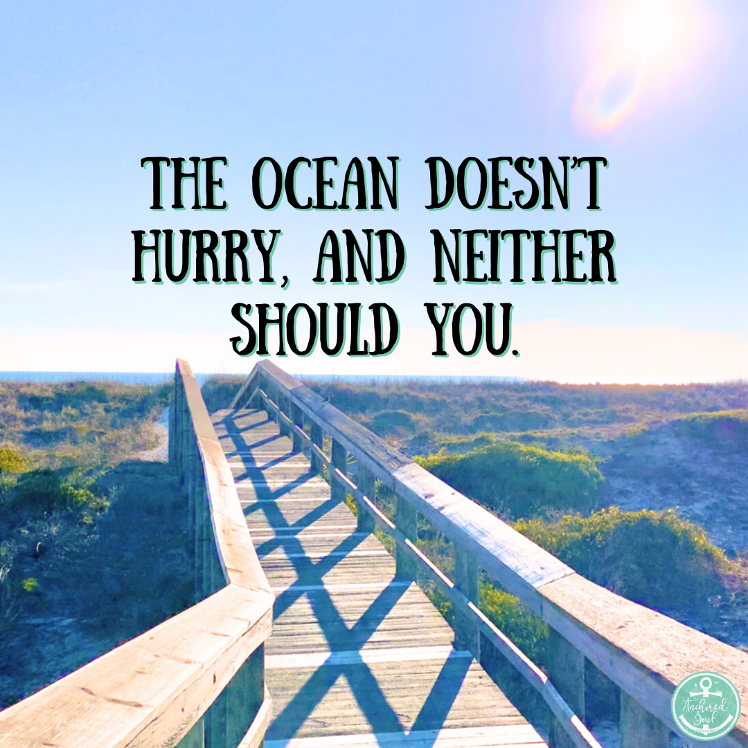 Peaceful beach sayings inspirational quote graphic with ocean waves background