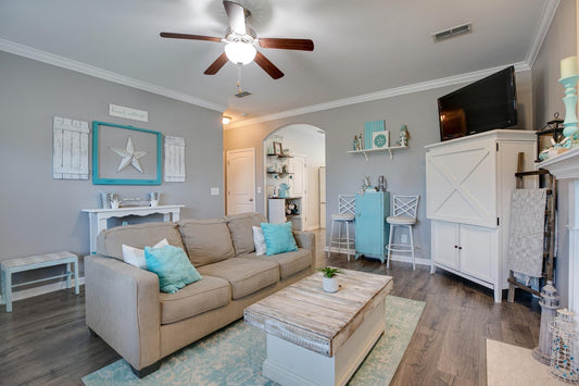 Coastal style home decor with handmade beach signs and ocean-inspired accents