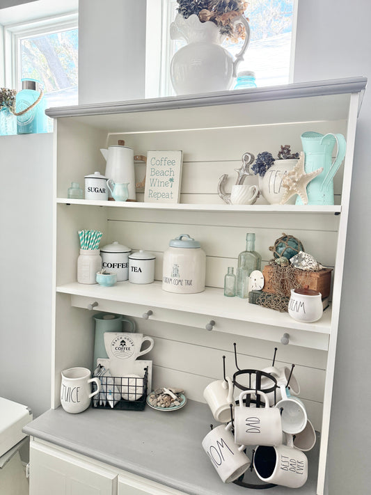 Coastal Coffee bar displayed with vintage treasures, coastal decor, rae dunn ceramics, and handmade coastal signs