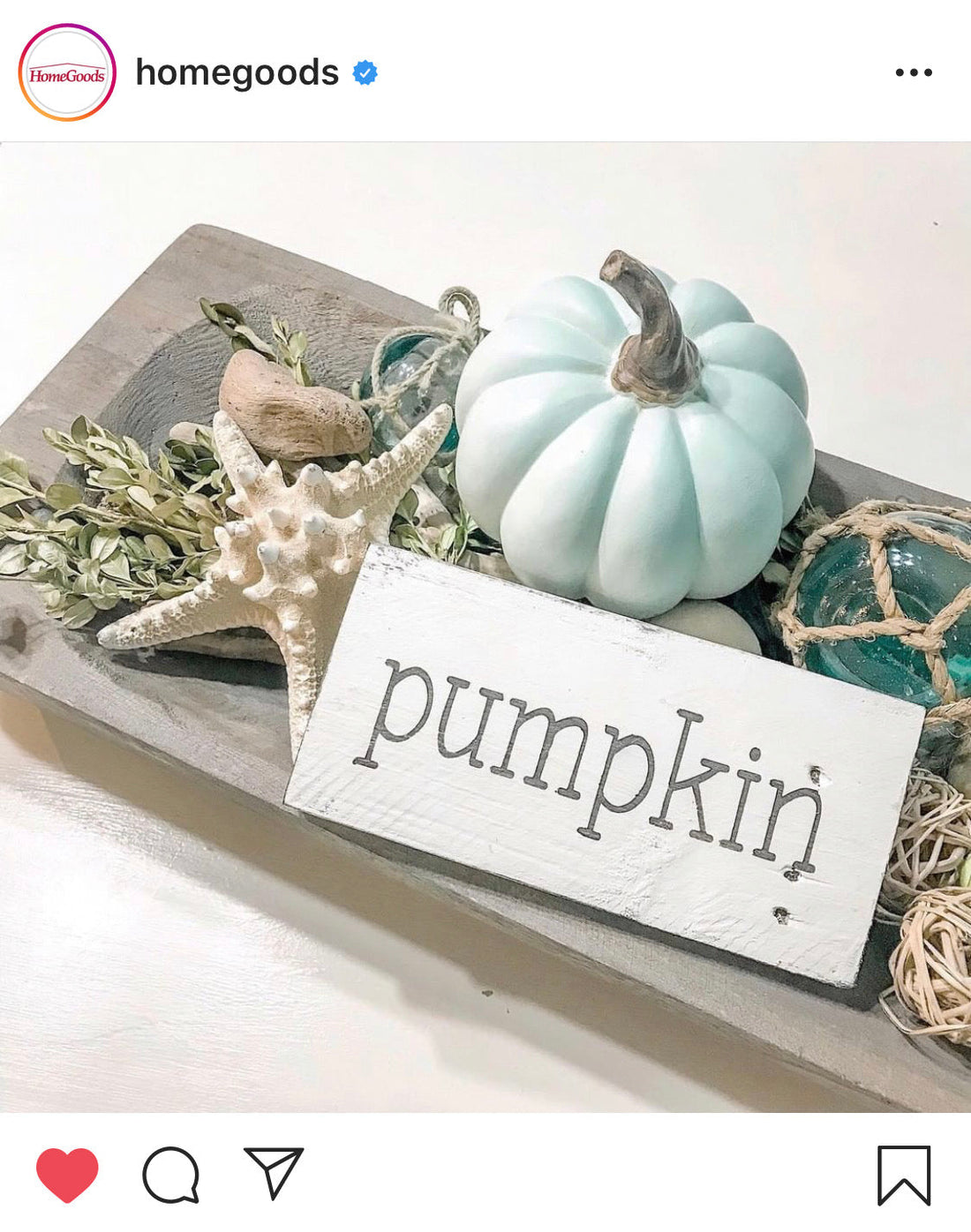 Coastal fall decor dough bowl with blue and white pumpkins and handmade coastal fall sign from Anchored Soul Designs, featured by HomeGoods on Instagram