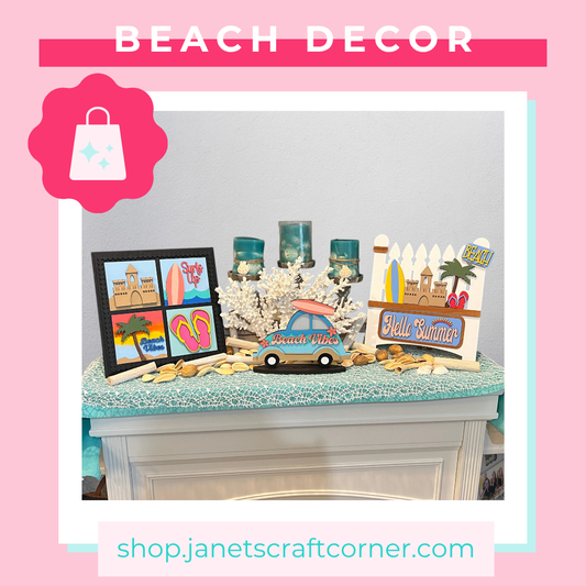 Seasonal lifestyle photo featuring Janet's Craft Corner DIY coastal decor kits styled in a beach-inspired home setting