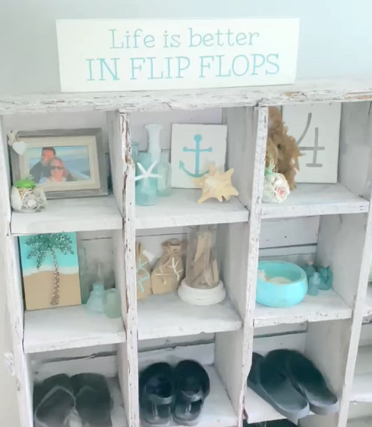Handmade flip flop signs and beach-inspired coastal wood signs for beach house decor