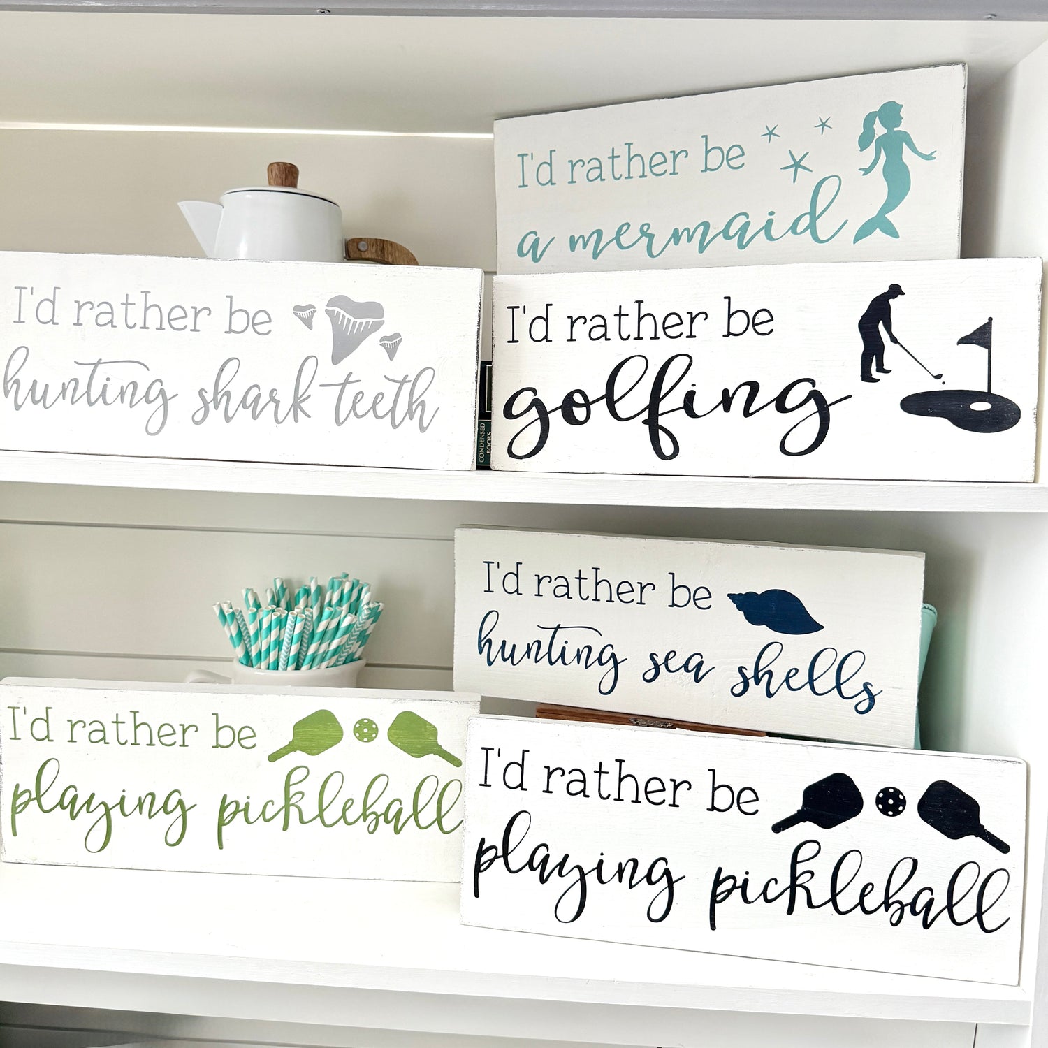I'd rather be signs featuring beach, lake, golf, pickleball, and beach treasure hunting sayings for fun home decor
