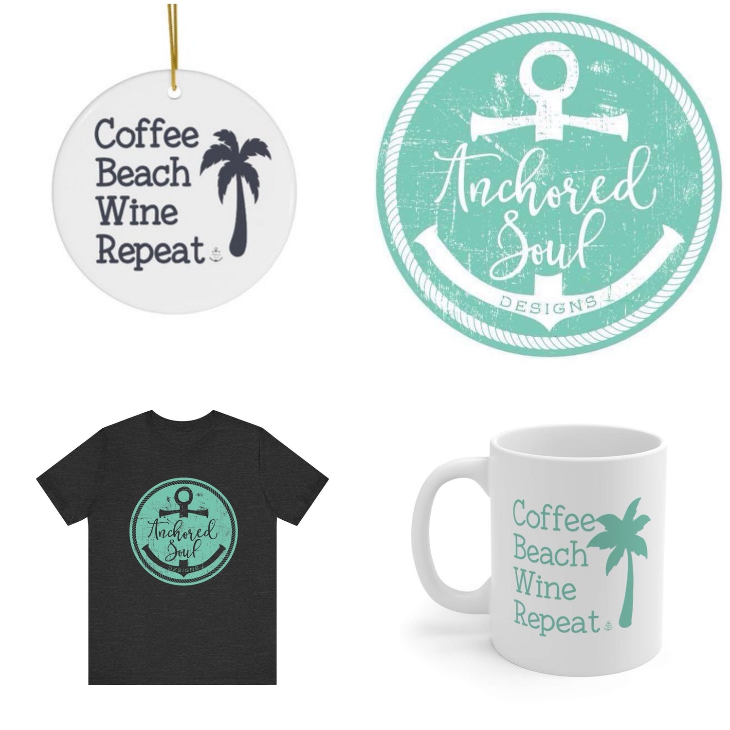 Anchored Soul Designs branded coastal merchandise including apparel and accessories with anchor logo