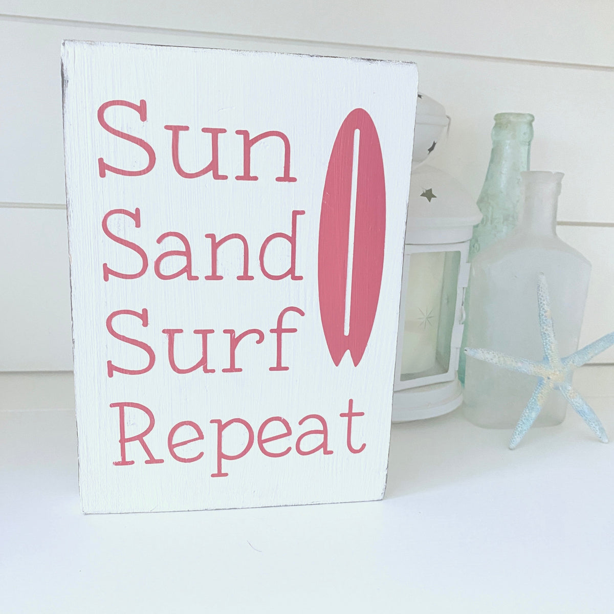 Handmade Sun Sand Surf Repeat sign hand-painted to order on Amelia Island Florida, coastal beach house wall decor in your choice of colors