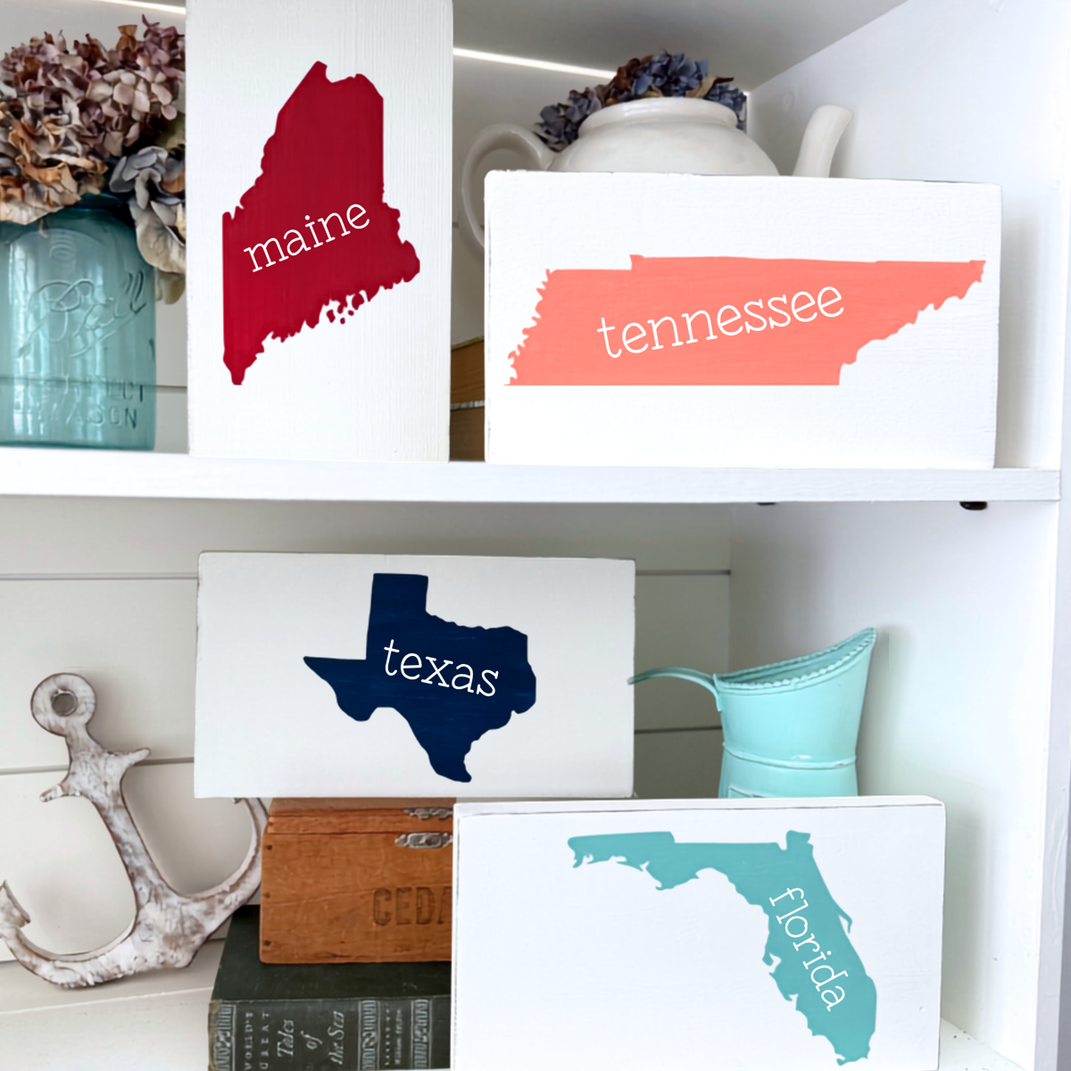 Handmade Home State Sign hand-painted to order on Amelia Island Florida, personalized housewarming gift for beach house and lake house owners in your choice of colors
