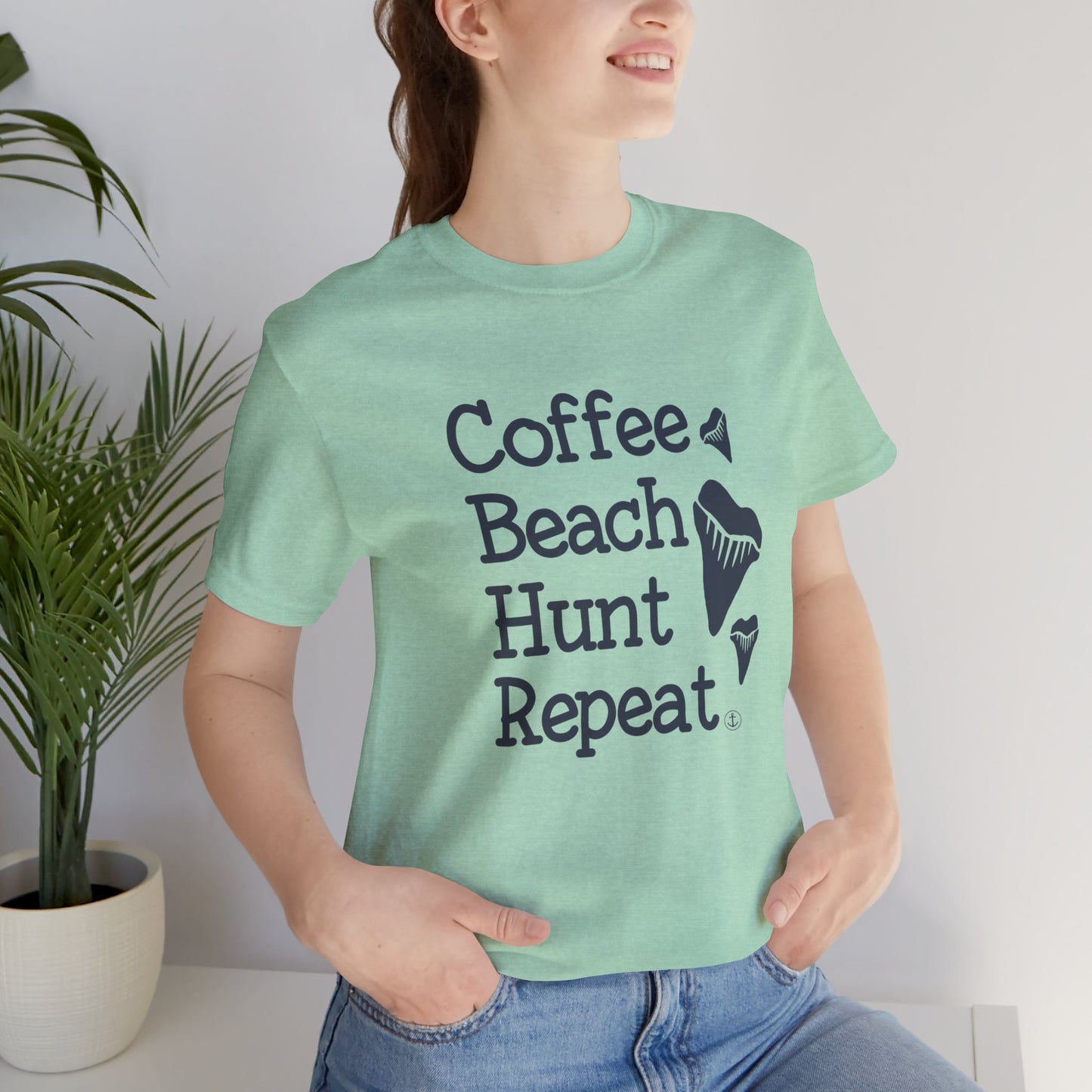 Coffee Beach hunt Repeat T-shirt, Shark tooth hunter shirt, Unisex Jersey Short Sleeve Tee, shark teeth hunting, beachcombing