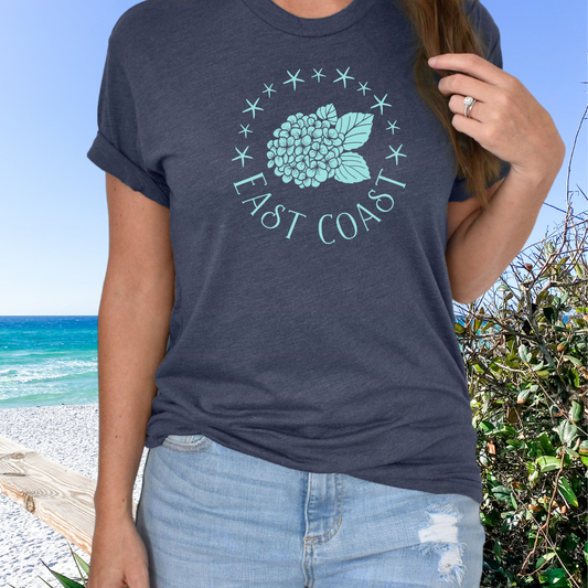 East Coast Hydrangea Tshirt- Heather Navy, beach girl tshirt