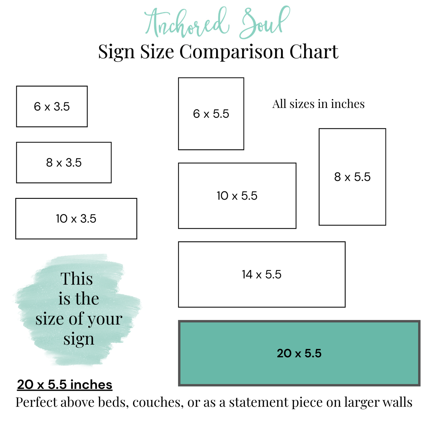Sign size comparison chart with various dimensions and a highlighted 20 x 5.5 inch size. sign size comparison chart coastal wood sign dimensions