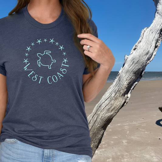 West Coast Sea Turtle Tshirt- Heather Navy, beach girl tshirt
