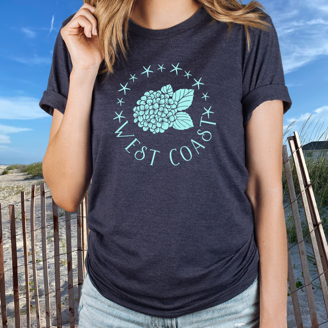 West Coast Hydrangea Tshirt- Heather Navy, beach girl tshirt