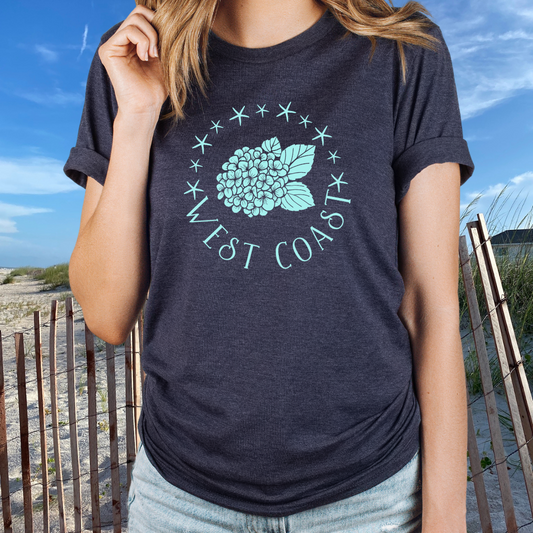 West Coast Hydrangea Tshirt- Heather Navy, beach girl tshirt