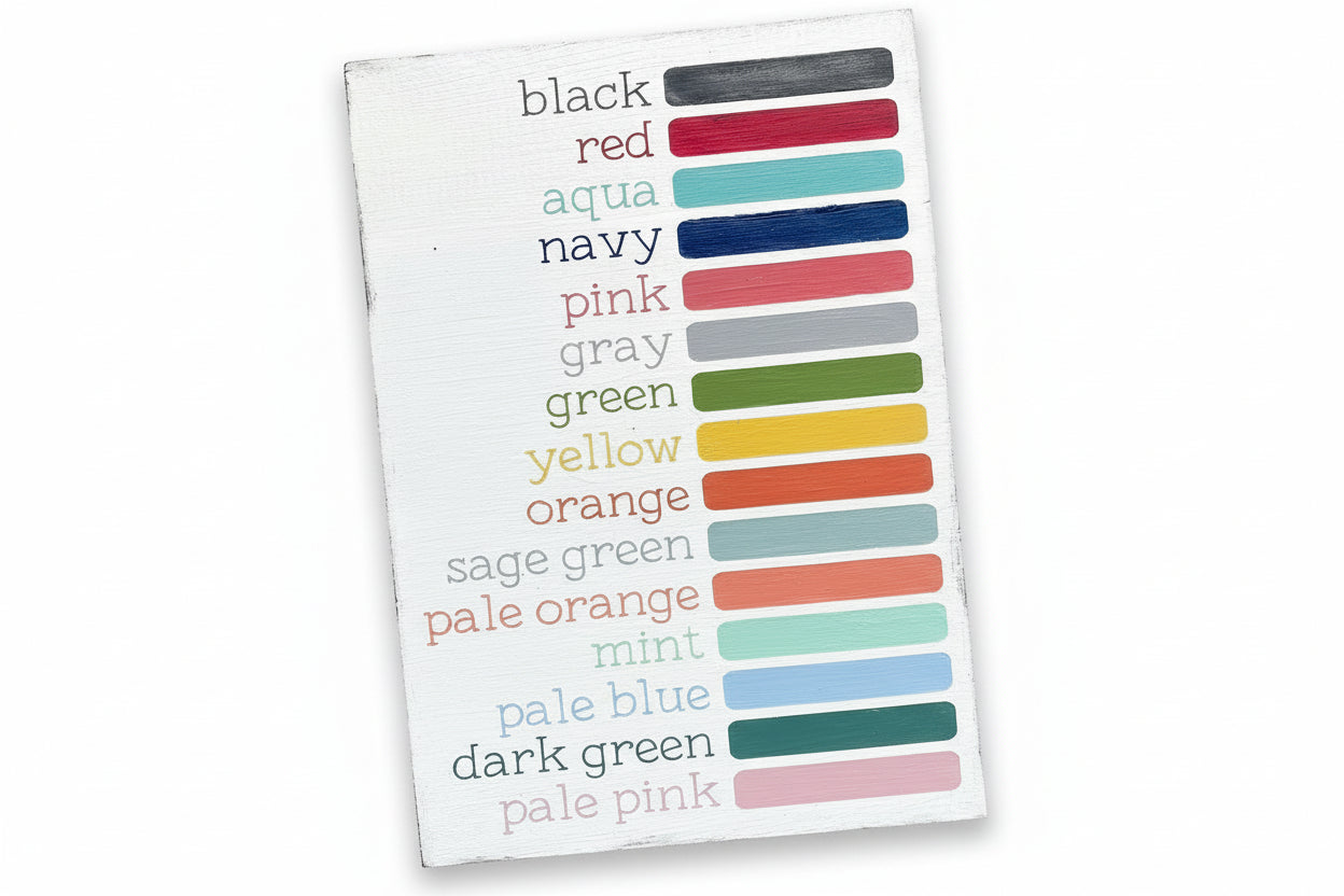 Anchored Soul color Display Photo with wood sign showing all available colors painted in words and color block - black, red, aqua, navy, pink, gray, green, yellow, orange, sage green, pale orange, mint, pale blue, dark green, pale pinkAnchored Soul color Display Photo with wood sign showing all available colors painted in words and color block - black, red, aqua, navy, pink, gray, green, yellow, orange, sage green, pale orange, mint, pale blue, dark green, pale pink