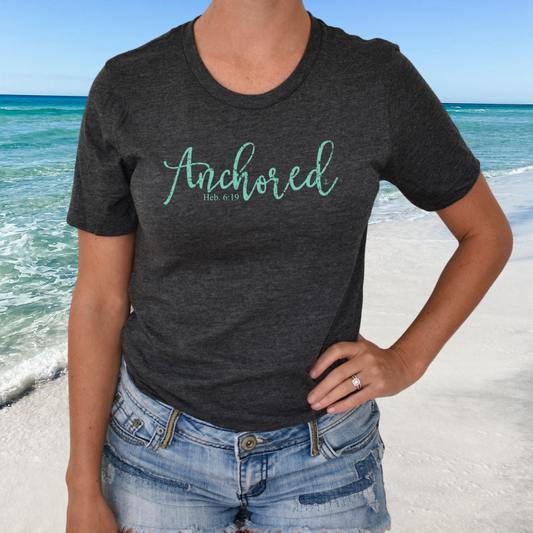 Anchored Distressed Tshirt, Dark Heather Gray Hebrews 6:19 shirt for women, Anchored Soul Tshirt, We have this hope