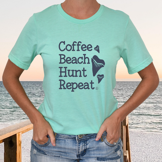 Coffee Beach Hunt Shark Teeth Repeat T-shirt