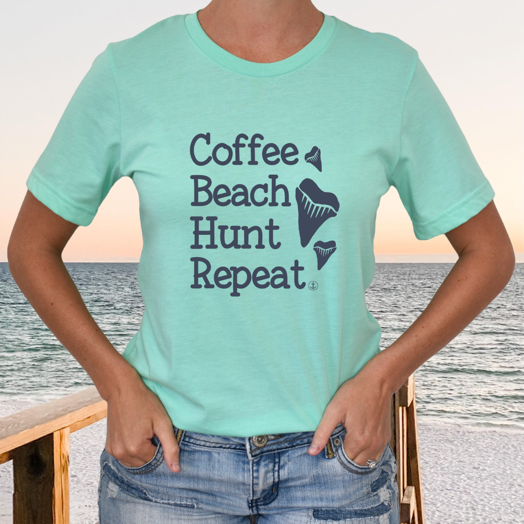 Coffee Beach hunt Repeat T-shirt, Shark tooth hunter shirt, Unisex Jersey Short Sleeve Tee, shark teeth hunting, beachcombing