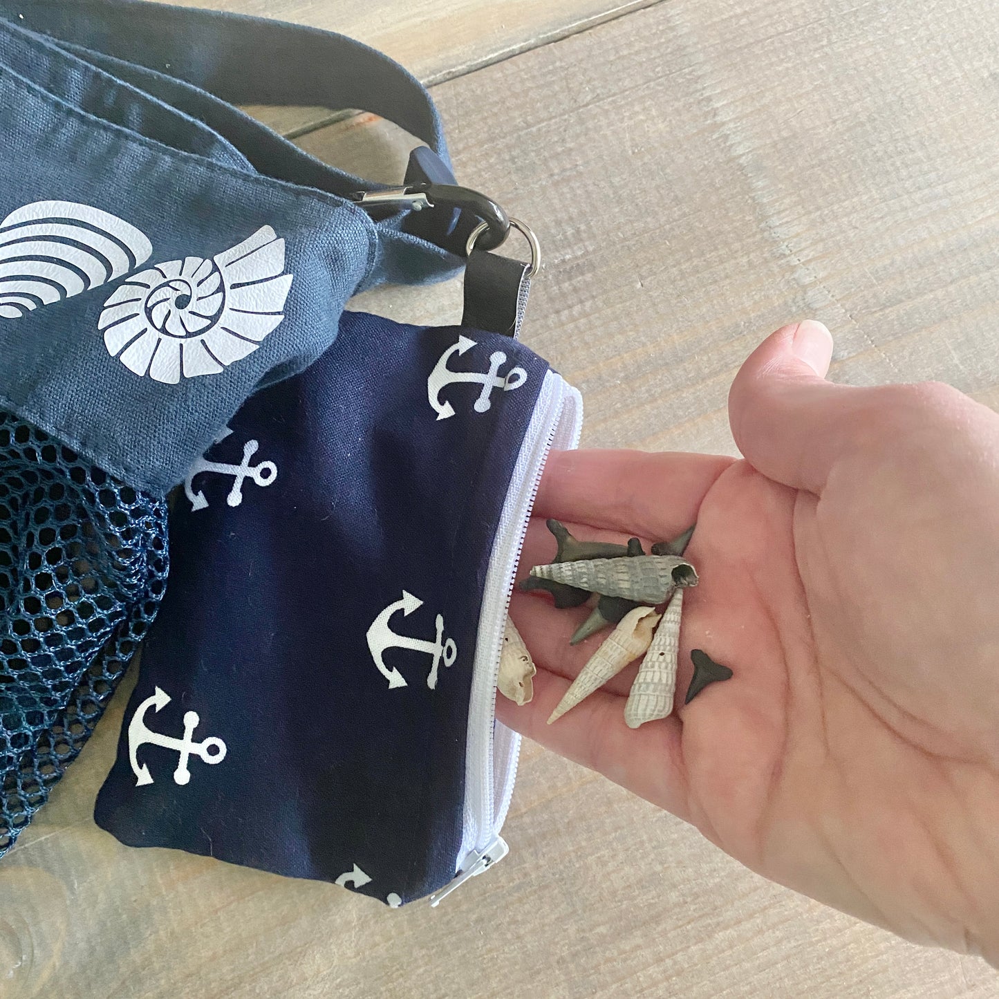 Navy Shell Bag, Beachcombing bag