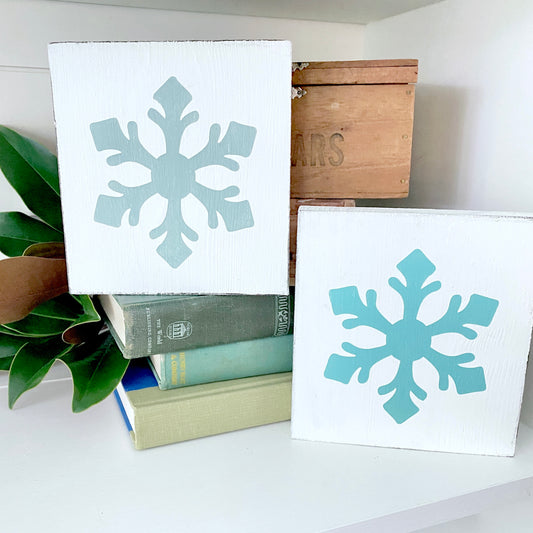 Two white square decorative signs with a sage green and aqua snowflake design, displayed on a white shelf with books, a wooden box, and magnolia leaves