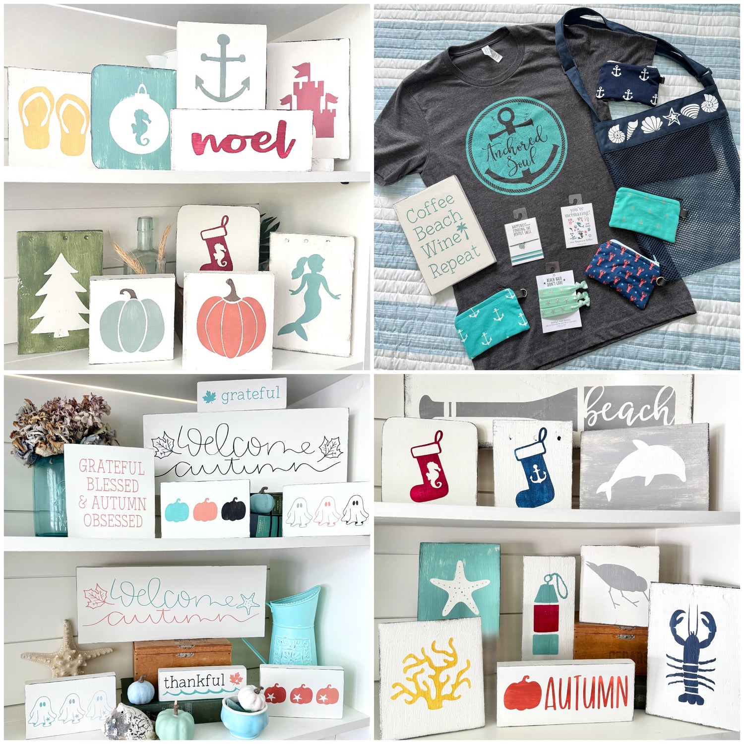 Collage of various products including t-shirts, cards, and decorative signs with beach and autumn themes.