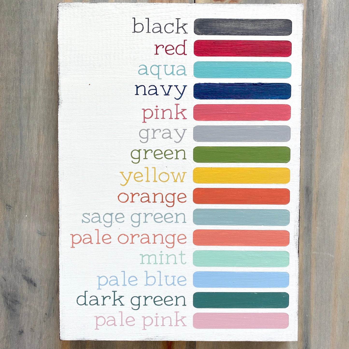 Anchored Soul color Display Photo with wood sign showing all available colors painted in words and color block - black, red, aqua, navy, pink, gray, green, yellow, orange, sage green, pale orange, mint, pale blue, dark green, pale pinkAnchored Soul color Display Photo with wood sign showing all available colors painted in words and color block - black, red, aqua, navy, pink, gray, green, yellow, orange, sage green, pale orange, mint, pale blue, dark green, pale pink