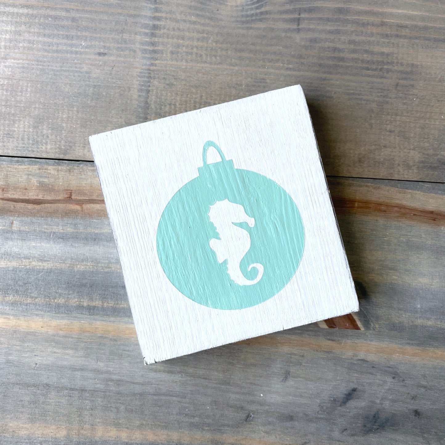 Coastal Christmas Decor, Anchored Soul Designs Sea Horse Ornament wood sign white background with mint design, beach house holiday decor coastal design