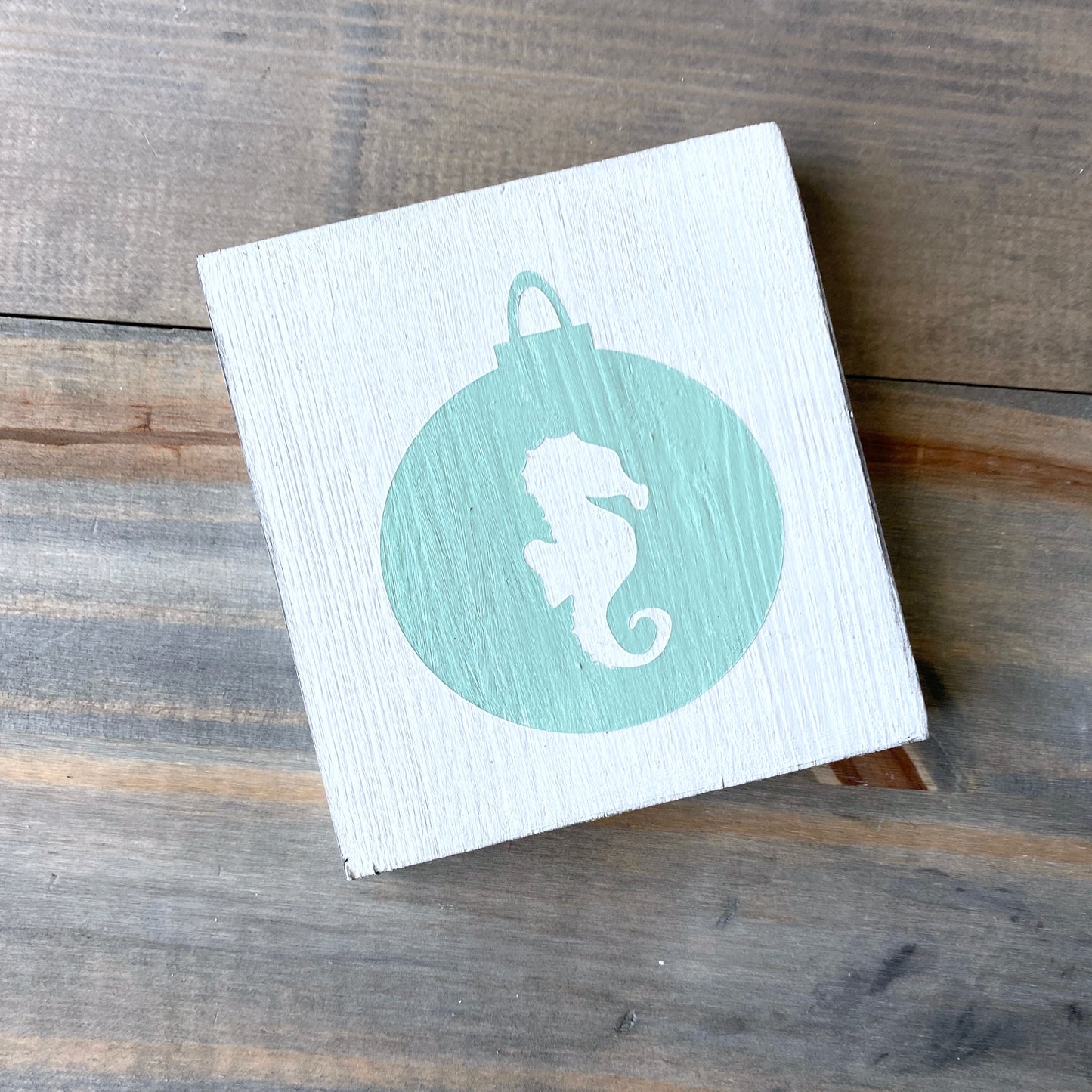 Coastal Christmas Decor, Anchored Soul Designs Sea Horse Ornament wood sign white background with mint design, beach house holiday decor coastal design