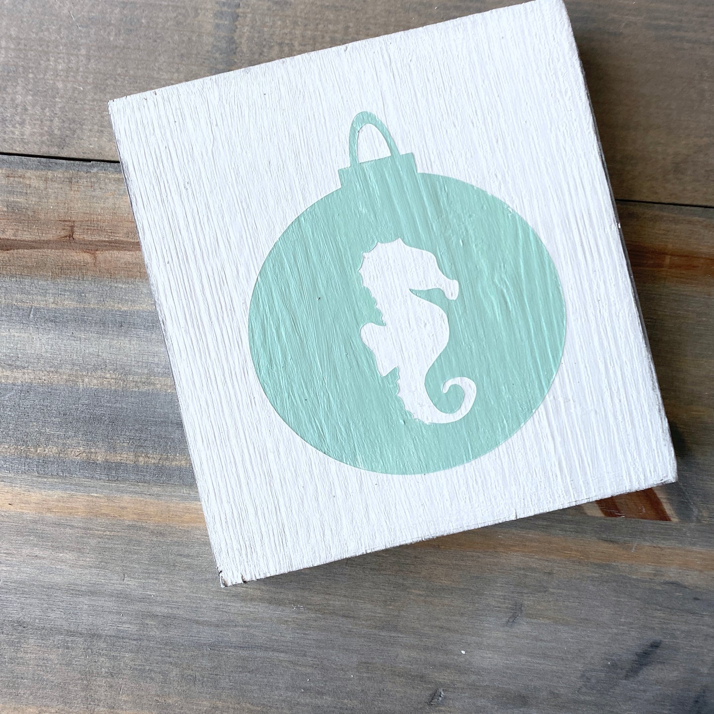 Coastal Christmas Decor, Anchored Soul Designs Sea Horse Ornament wood sign white background with mint design, beach house holiday decor coastal design