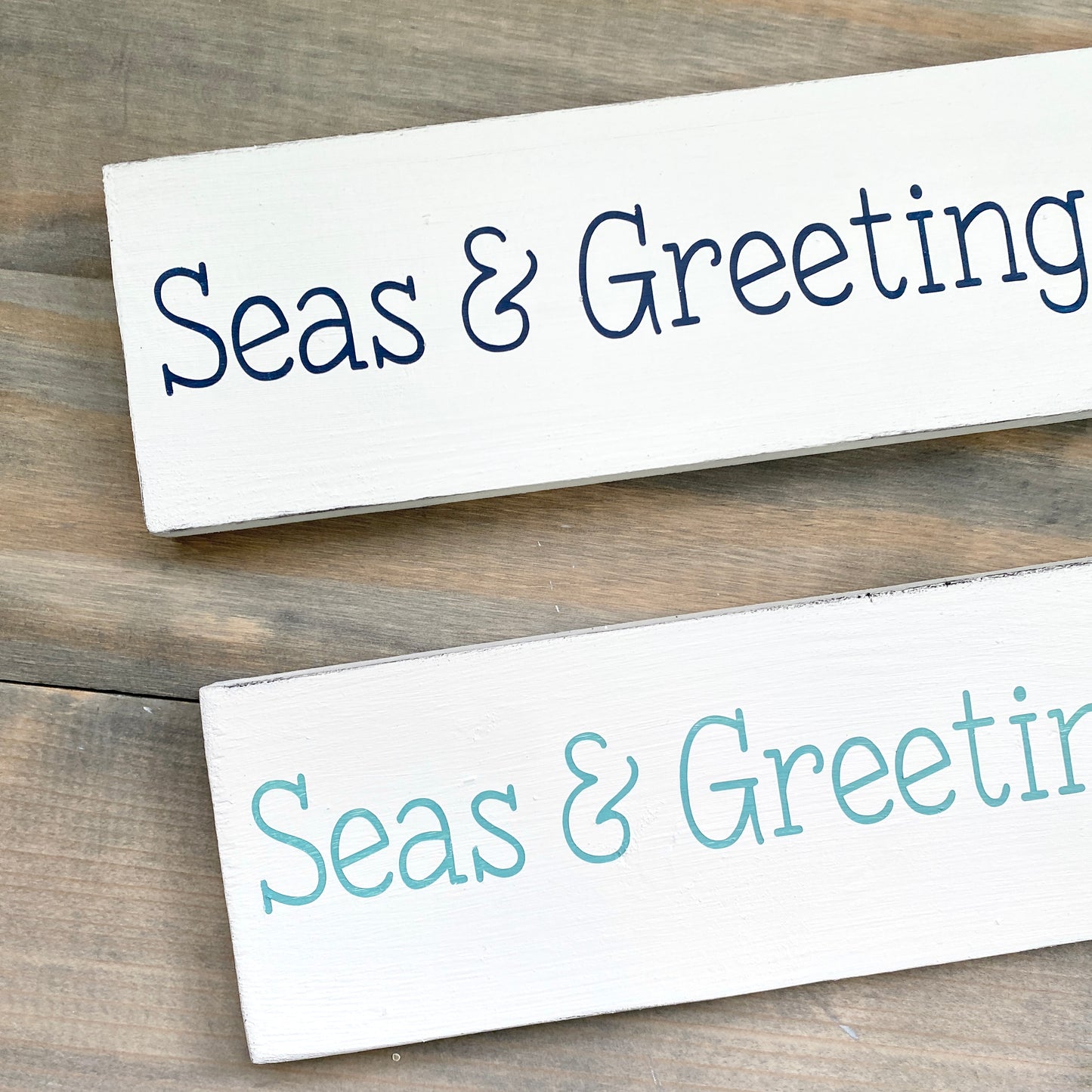Coastal Christmas Decor, Anchored Soul Designs seas & greetings Christmas wood sign white background with navy and aqua design, beach house holiday decor coastal design