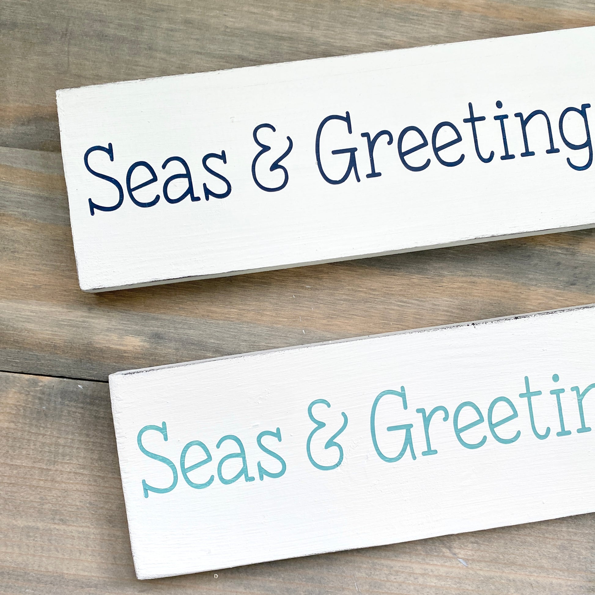 Coastal Christmas Decor, Anchored Soul Designs seas & greetings Christmas wood sign white background with navy and aqua design, beach house holiday decor coastal design